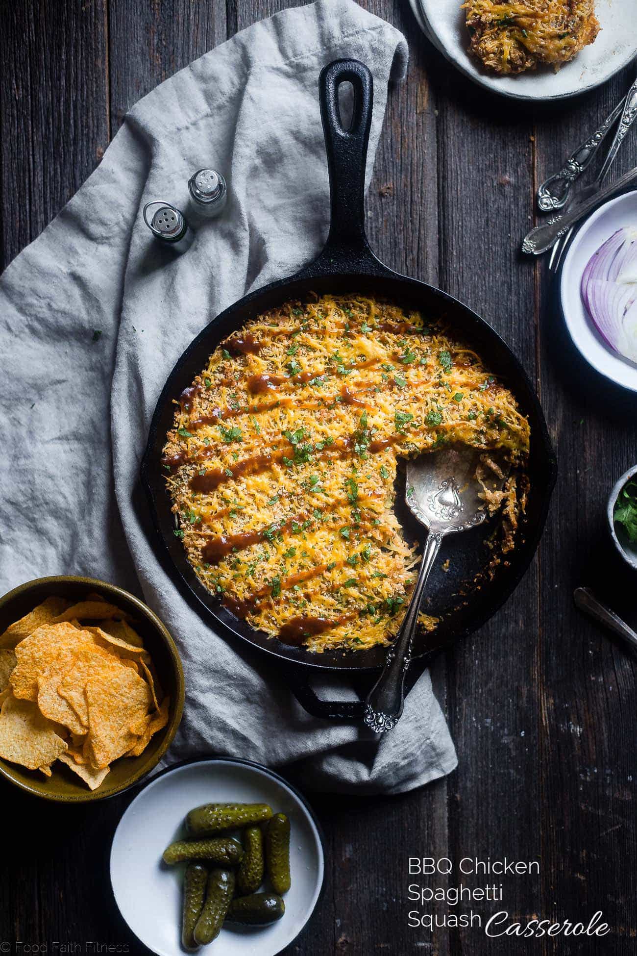 BBQ Baked Chicken Spaghetti Squash Casserole - This low carb, gluten free casserole is cheesy, flavorful and only 214 calories! It's a kid-friendly, weeknight meal that the whole family will love! | Foodfaithfitness.com | @FoodfaithFit