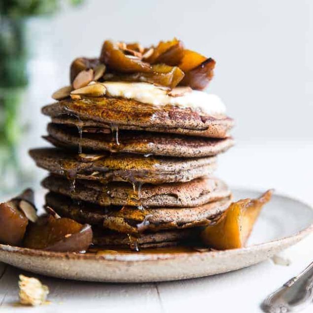 Healthy Gluten Free Buckwheat Pancakes with Roasted Peaches - SO light and fluffy that you'll never believe they're healthy, gluten free and only 170 calories a serving!  The perfect spring or summer brunch! | #Foodfaithfitness | #Glutenfree #DairyFree #Healthy #Breakfast #Pancakes