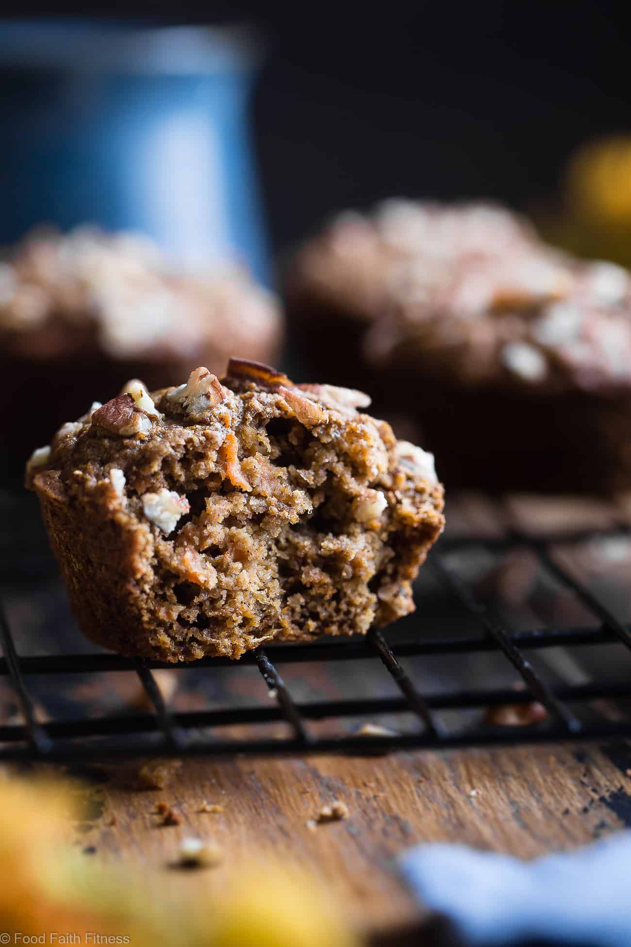 Gluten Free Healthy Carrot Cake Muffins - These easy carrot muffins are quick, simple and made from pantry-essential ingredients! Perfect for a quick breakfast or snack and use Greek yogurt instead of oil! | #Foodfaithfitness | #Muffins #Glutenfree #Healthy #Carrotcake #Greekyogurt