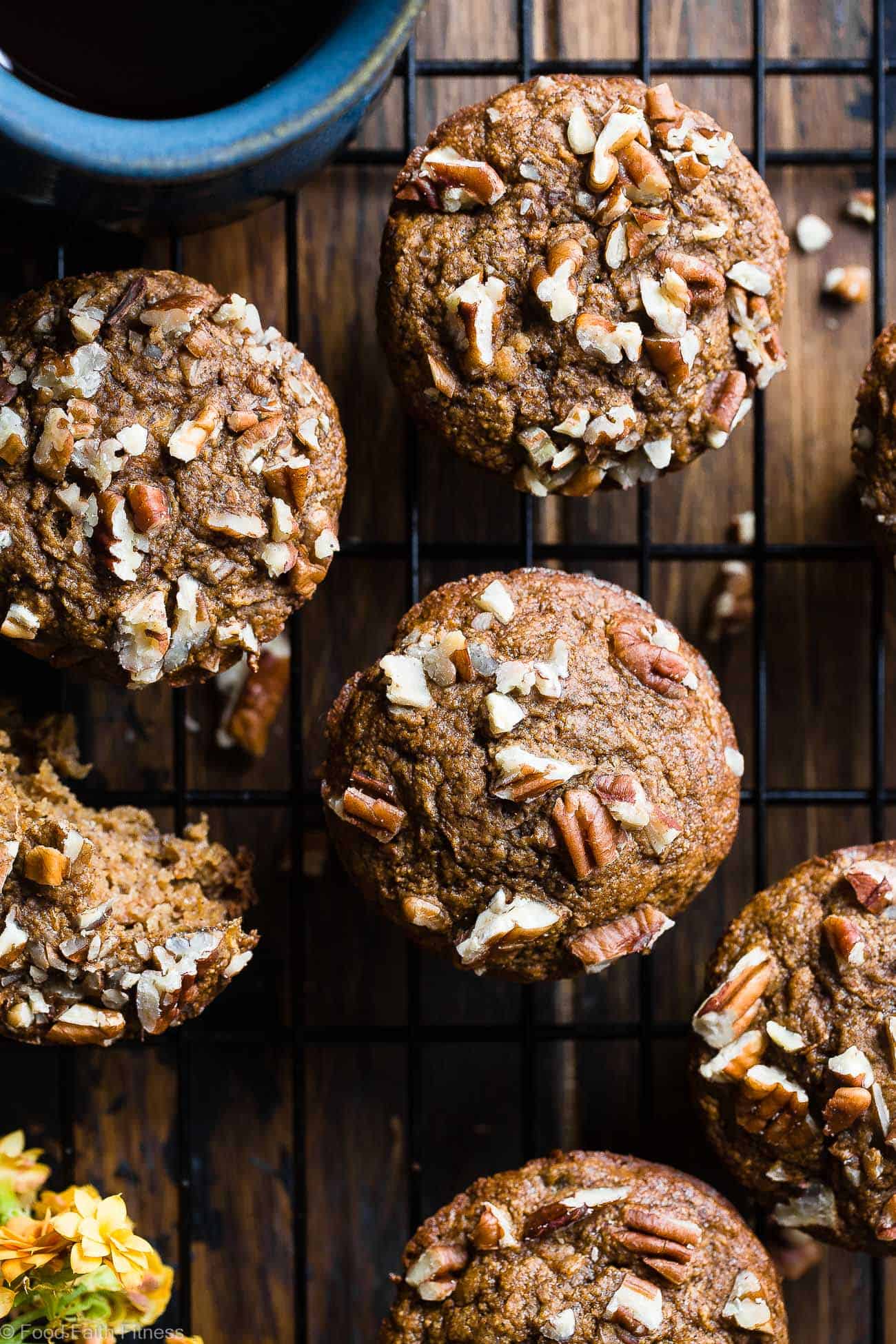 Gluten Free Healthy Carrot Cake Muffins - These easy carrot muffins are quick, simple and made from pantry-essential ingredients! Perfect for a quick breakfast or snack and use Greek yogurt instead of oil! | #Foodfaithfitness | #Muffins #Glutenfree #Healthy #Carrotcake #Greekyogurt