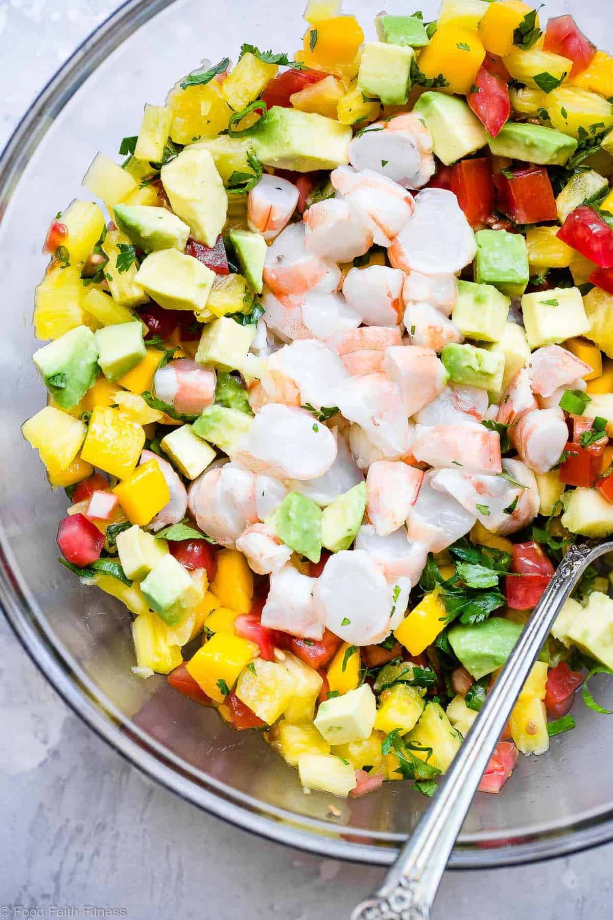 Pineapple Mango Shrimp Ceviche - A quick, easy and super healthy Ceviche Recipe that is under 150 calories, only 1 Freestyle point, paleo and whole30 friendly, gluten free and tastes like a tropical vacation! You gotta try this! | #Foodfaithfitness | #Glutenfree #Paleo #WeightWatchers #Whole30 #Healthy