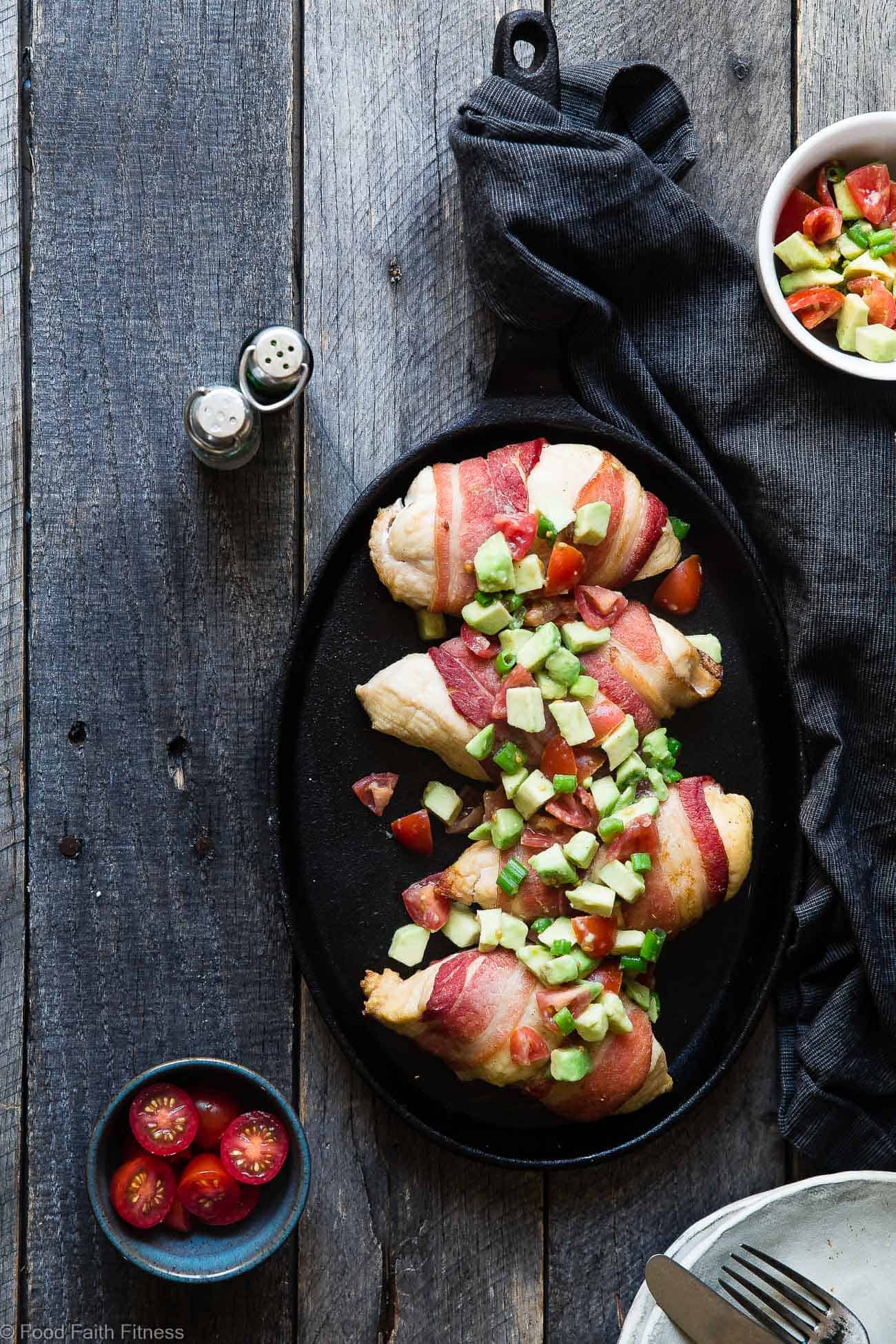 Whole30 Oven Baked Bacon Wrapped Chicken Breast - This chicken wrapped in bacon has a CREAMY, addicting avocado salsa, this is one quick and easy, kid friendly dinner that's paleo, keto and whole30 compliant! | Foodfaithfitness.com | @FoodFaithFit