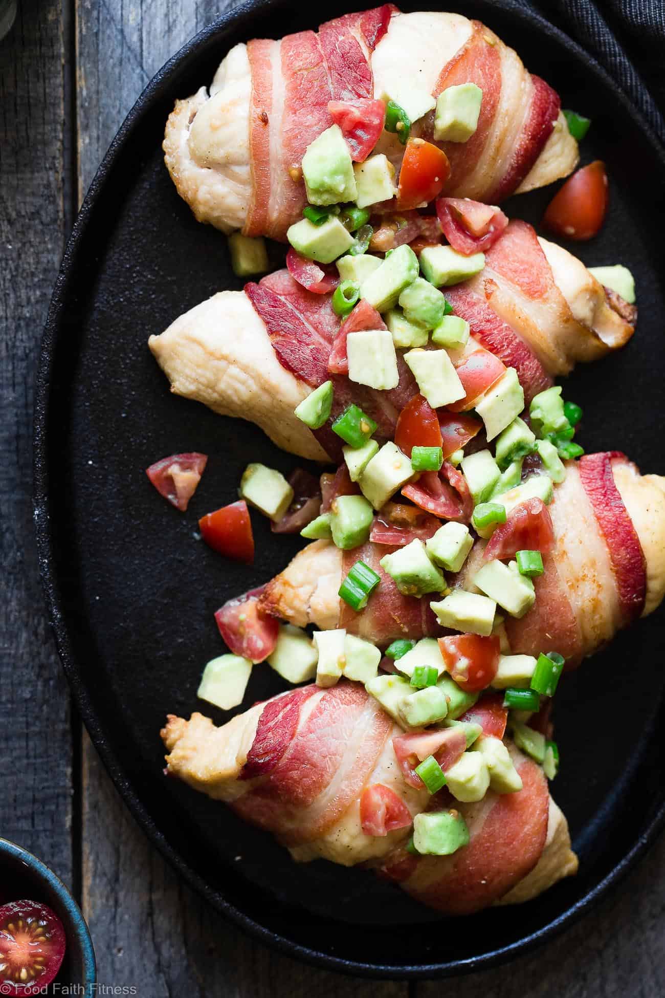 Whole30 Oven Baked Chicken Wrapped in Bacon Recipe - with a CREAMY, addicting avocado salsa, this is one quick and easy, kid friendly dinner that's paleo, keto and whole30 compliant! | Foodfaithfitness.com | @FoodFaithFit