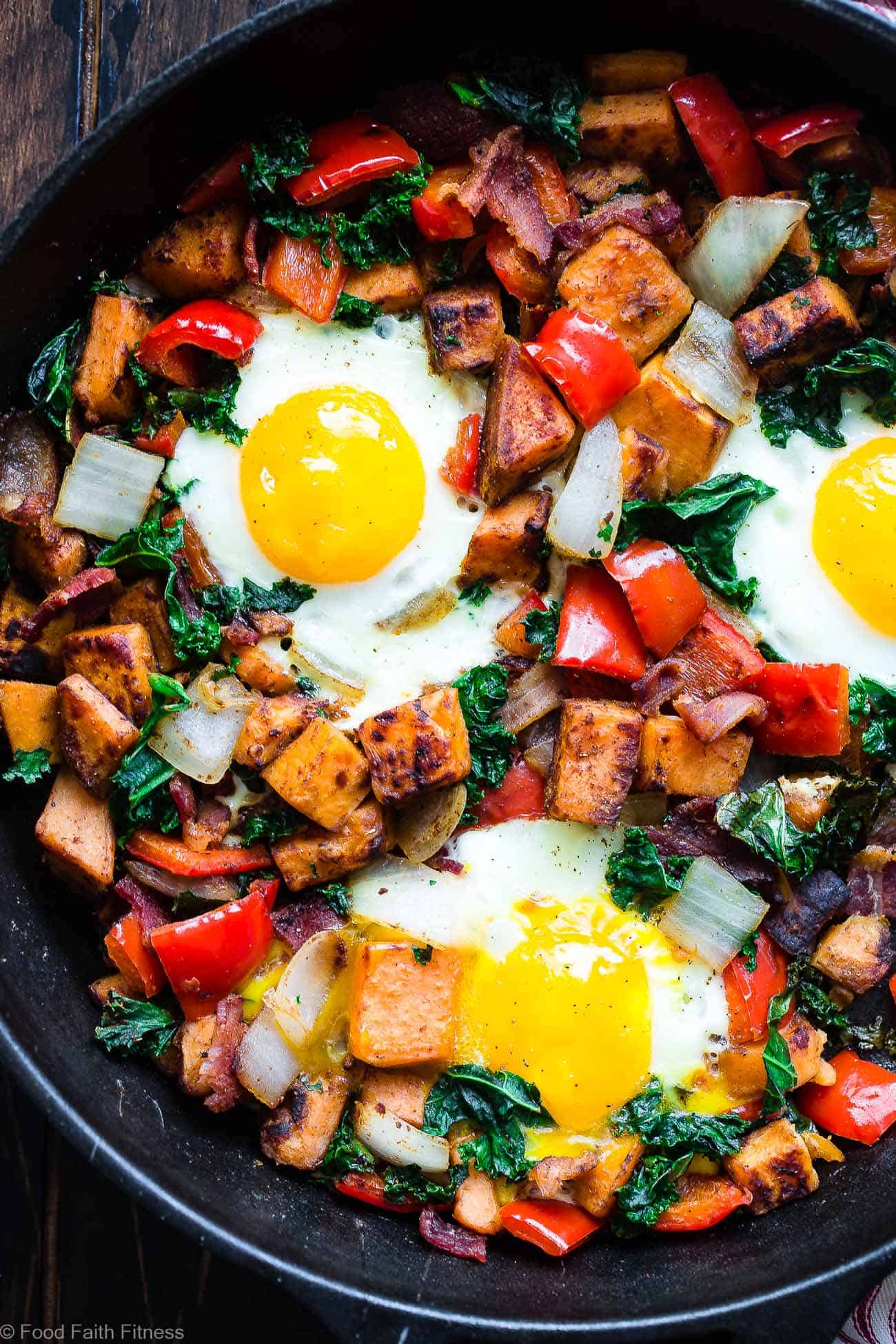 Whole30 Sweet Potato Bacon Breakfast Hash -This 30 minute, paleo friendly sweet potato hash with eggs makes a quick, delicious and healthy breakfast that is gluten/grain/dairy/sugar free and only 310 calories!| #Foodfaithfitness.com | #Paleo #Glutenfree #Whole30 #Healthy #Breakfast