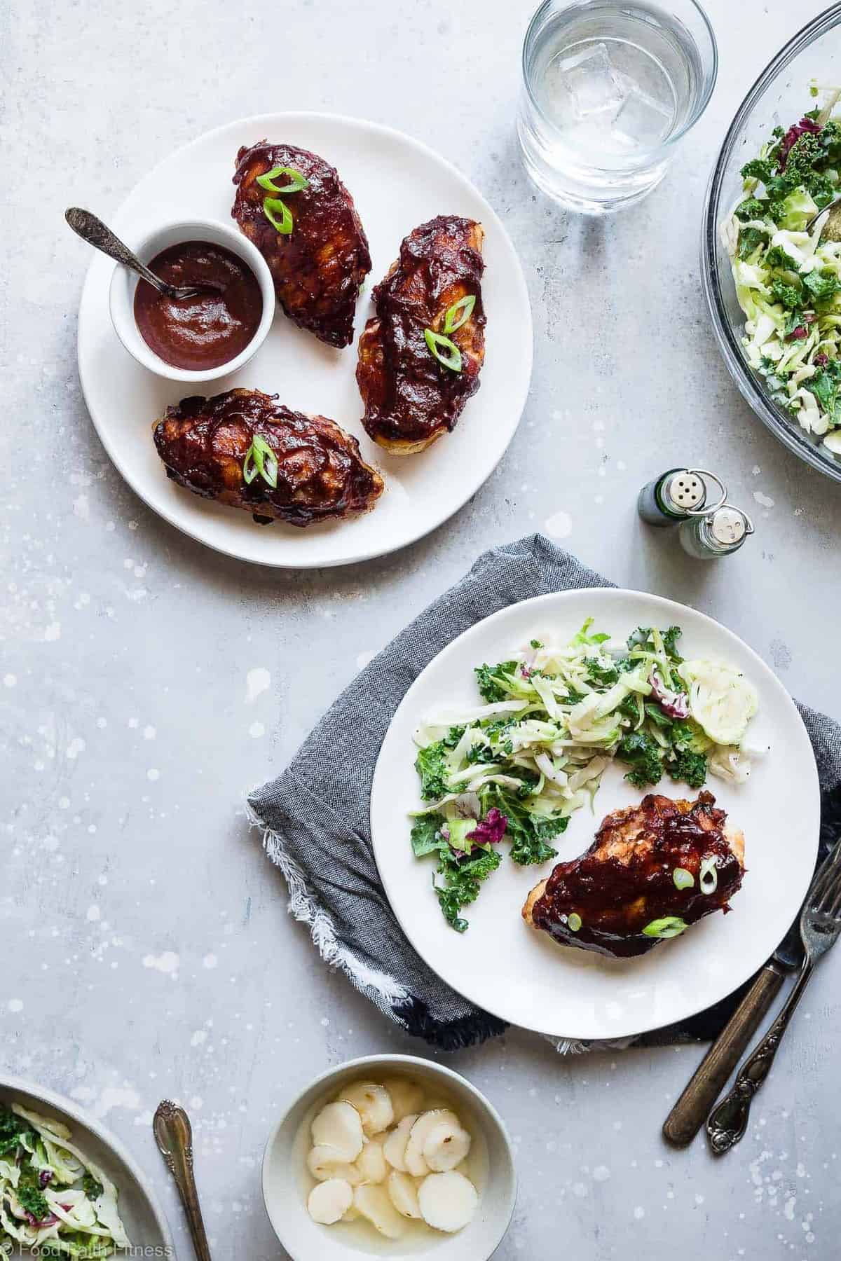 Bacon Wrapped Sweet and Sticky Stuffed Chicken Breast - This tastes like a bacon wrapped water chestnut, but in a 30 minute, weeknight, family friendly dinner that is easy, paleo and whole30 friendly! Only 210 calories and sugar free too! | #Foodfaithfitness | #Glutenfree #Paleo #Whole30 #Grainfree #healthy