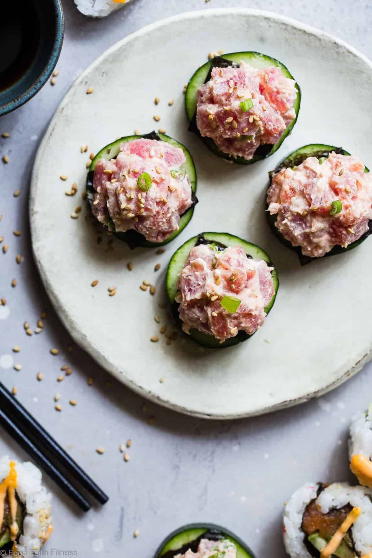 Low Carb Spicy Tuna Bites - These quick and easy, 6 ingredient spicy tuna bites are a healthier spin on the classic spicy tuna roll that has all the taste without the fat or carbs. Perfect for a light lunch with 0 Freestyle Smartpoints! | #Foodfaithfitness | #Lowcarb #Glutenfree #Healthy #Greekyogurt #Keto