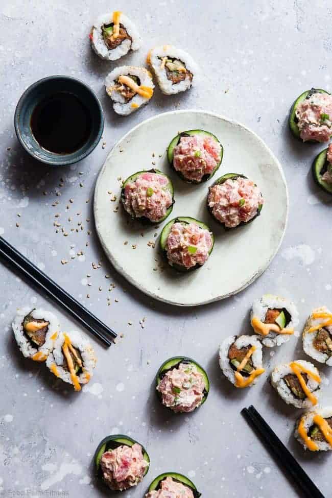 Low Carb Spicy Tuna Bites - These quick and easy, 6 ingredient spicy tuna bites are a healthier spin on the classic spicy tuna roll that has all the taste without the fat or carbs. Perfect for a light lunch with 0 Freestyle Smartpoints! | #Foodfaithfitness | #Lowcarb #Glutenfree #Healthy #Greekyogurt #Keto