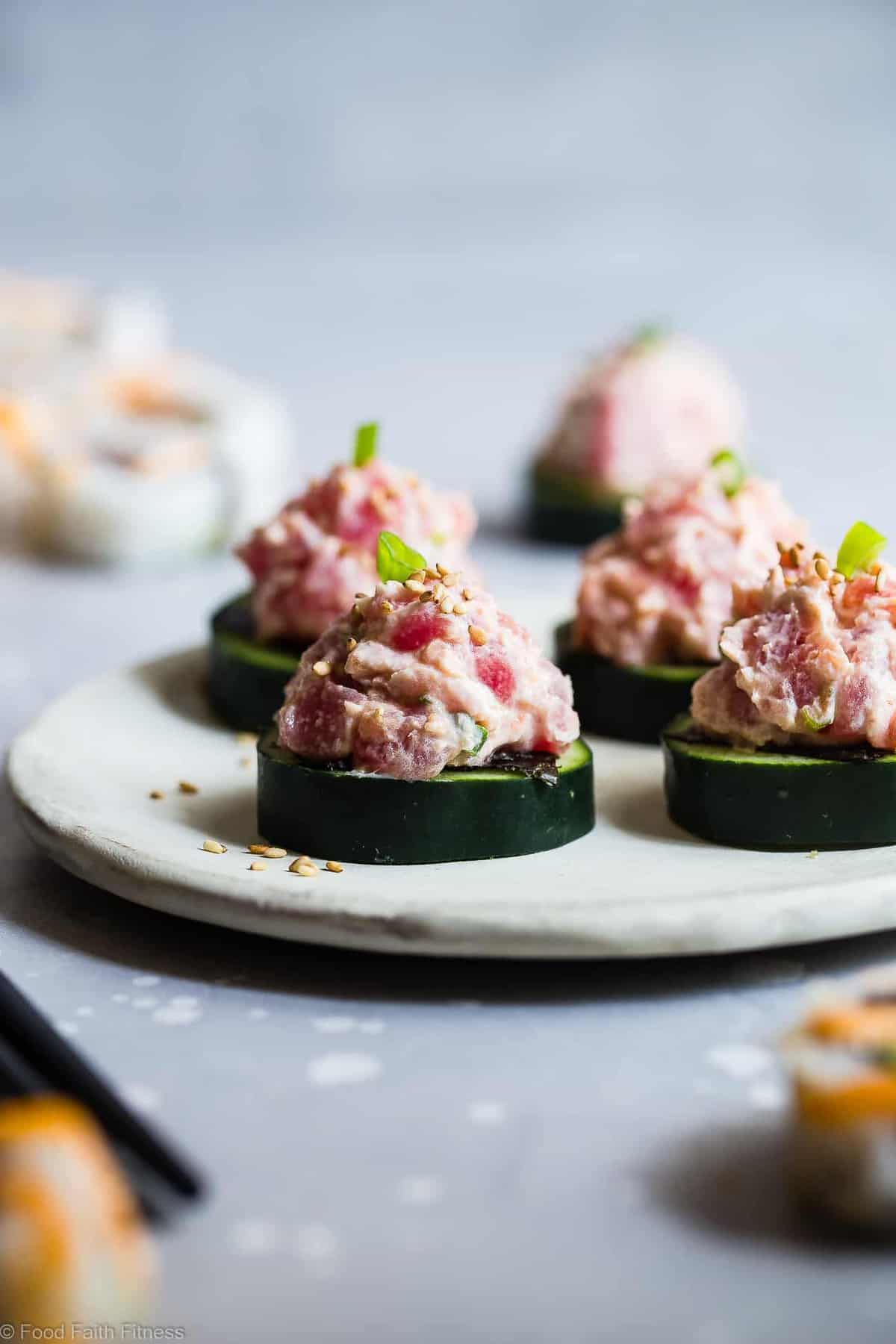 Low Carb Spicy Tuna Bites - These quick and easy, 6 ingredient spicy tuna bites are a healthier spin on the classic spicy tuna roll that has all the taste without the fat or carbs. Perfect for a light lunch with 0 Freestyle Smartpoints! | #Foodfaithfitness | #Lowcarb #Glutenfree #Healthy #Greekyogurt #Keto