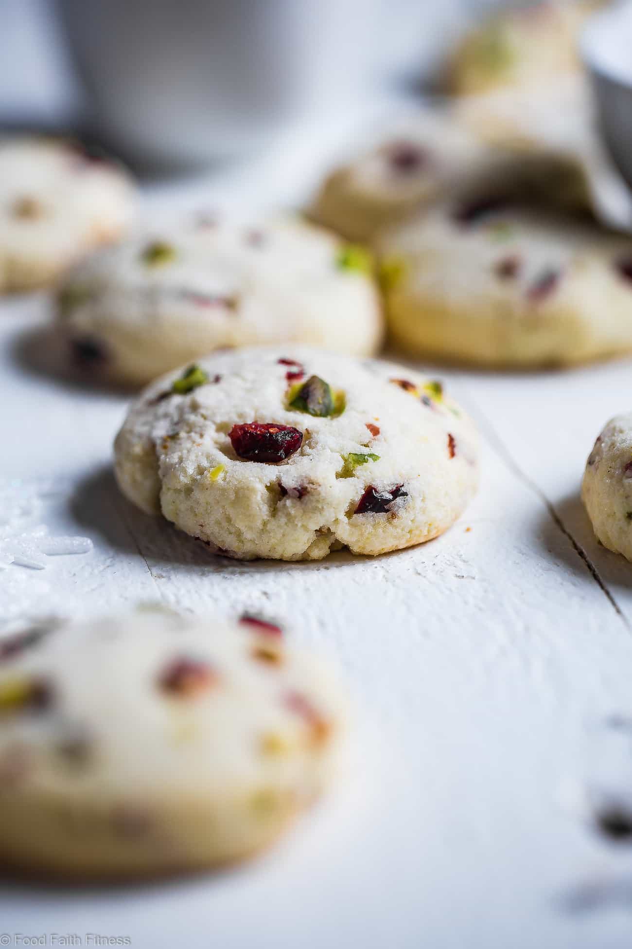 Gluten Free Sugar Free Sugar Cookies - These quick and easy, CHEWY sugarless cookies have tangy and crunchy cranberries and pistachios! They're a healthier Christmas treat for only 95 calories! | Foodfaithfitness.com | @FoodFaithFit