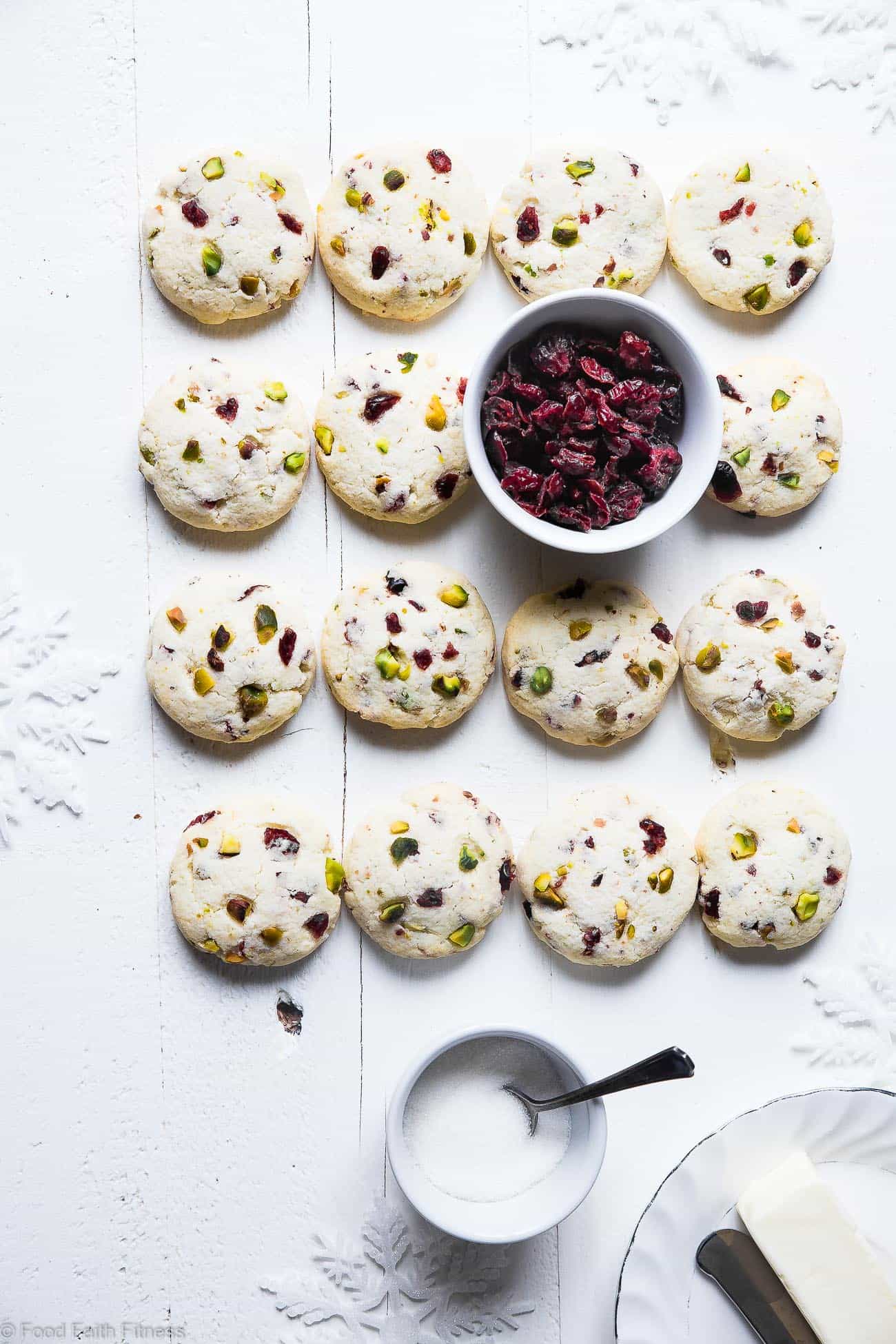 Chewy Gluten Free Sugar Free Sugar Cookies Recipe - Need some sugar free cookie recipes? These Soft chewy sugar cookies have tangy and crunchy cranberries and pistachios! They're a healthier Christmas treat for only 95 calories! | Foodfaithfitness.com | @FoodFaithFit