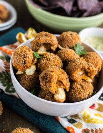 50 Calorie Cheesy Buffalo Chicken Potato Poppers with Avocado Ranch Dip {Low fat, High Protein, GF}