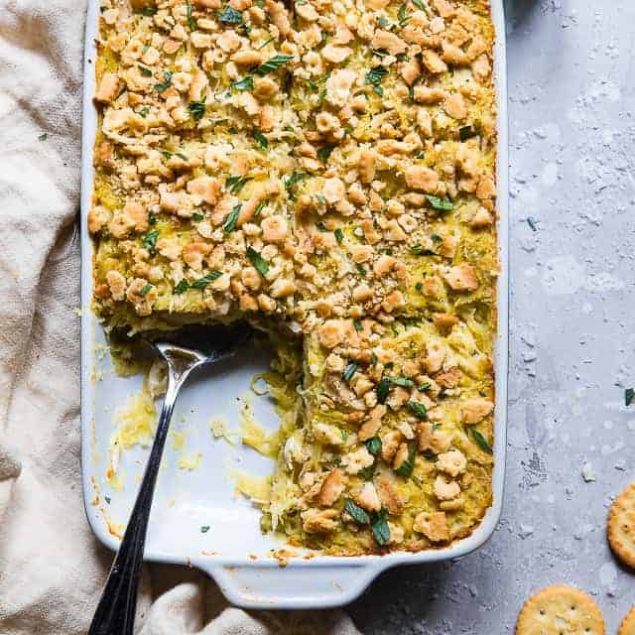 Healthy Chicken "Noodle" Spaghetti Squash Casserole - This Healthy Chicken Noodle Casserole uses spaghetti squash so it's gluten free and dairy free! Homemade condensed chicken soup makes it SO creamy! The best healthy comfort food! | #Foodfaithfitness | #Glutenfree #Healthy #Dairyfree #Spaghettisquash #Casserole