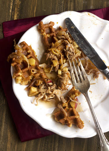 Skinnier Cornbread Waffles With Pulled Pork And Maple Apple Chutney {Whole Wheat} - Food Faith Fitness