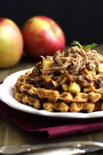 Skinnier Cornbread Waffles With Pulled Pork And Maple Apple Chutney {Whole Wheat} - Food Faith Fitness