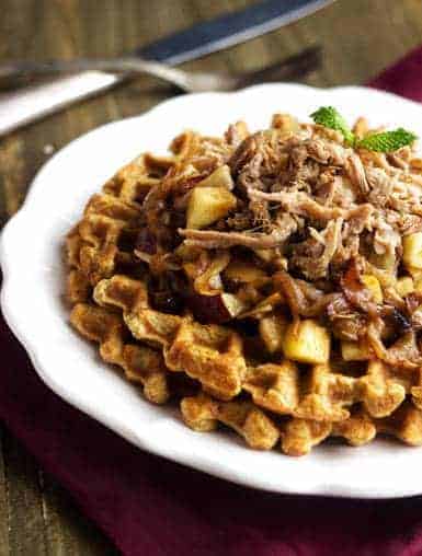 Skinnier Cornbread Waffles With Pulled Pork And Maple Apple Chutney {Whole Wheat} - Food Faith Fitness