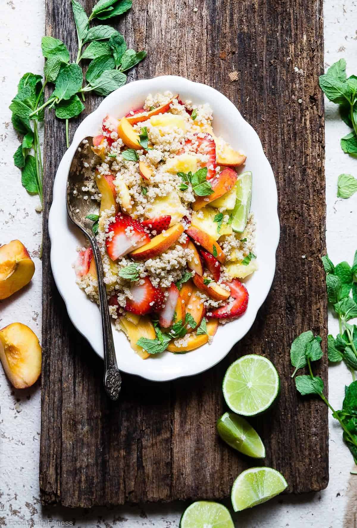 Honey Lime Quinoa Fruit Salad -Â This honey lime Coconut Milk Quinoa Fruit Salad is loaded with fresh, juicy fruit and a sweet and tangy dressing! The perfect healthy, gluten free and vegan side dish or brunch item for Summer! | #Foodfaithfitness | #Glutenfree #Vegan #Healthy #Dairyfree #Quinoa