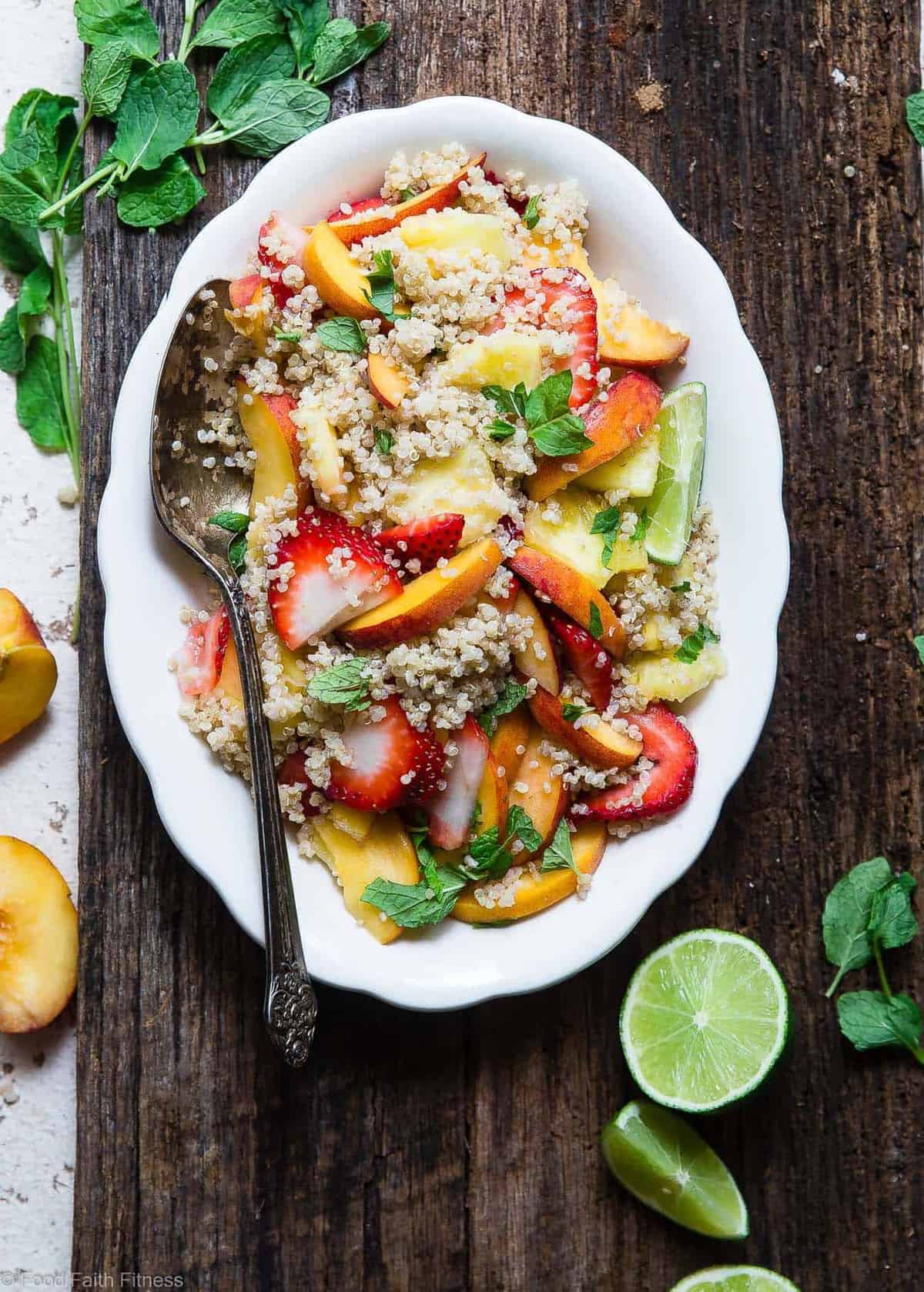Honey Lime Quinoa Fruit Salad -Â This honey lime Coconut Milk Quinoa Fruit Salad is loaded with fresh, juicy fruit and a sweet and tangy dressing! The perfect healthy, gluten free and vegan side dish or brunch item for Summer! | #Foodfaithfitness | #Glutenfree #Vegan #Healthy #Dairyfree #Quinoa