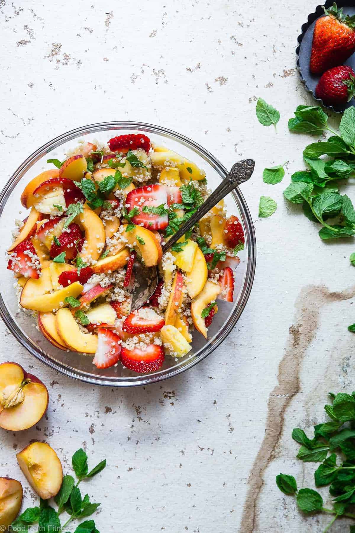 Honey Lime Quinoa Fruit Salad -Â This honey lime Coconut Milk Quinoa Fruit Salad is loaded with fresh, juicy fruit and a sweet and tangy dressing! The perfect healthy, gluten free and vegan side dish or brunch item for Summer! | #Foodfaithfitness | #Glutenfree #Vegan #Healthy #Dairyfree #Quinoa
