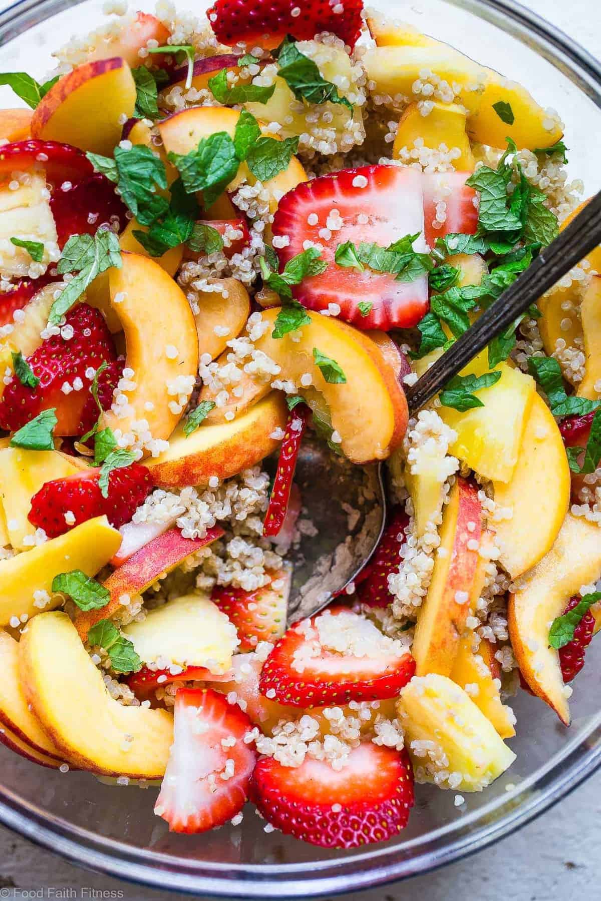 Honey Lime Quinoa Fruit Salad -Â This honey lime Coconut Milk Quinoa Fruit Salad is loaded with fresh, juicy fruit and a sweet and tangy dressing! The perfect healthy, gluten free and vegan side dish or brunch item for Summer! | #Foodfaithfitness | #Glutenfree #Vegan #Healthy #Dairyfree #Quinoa