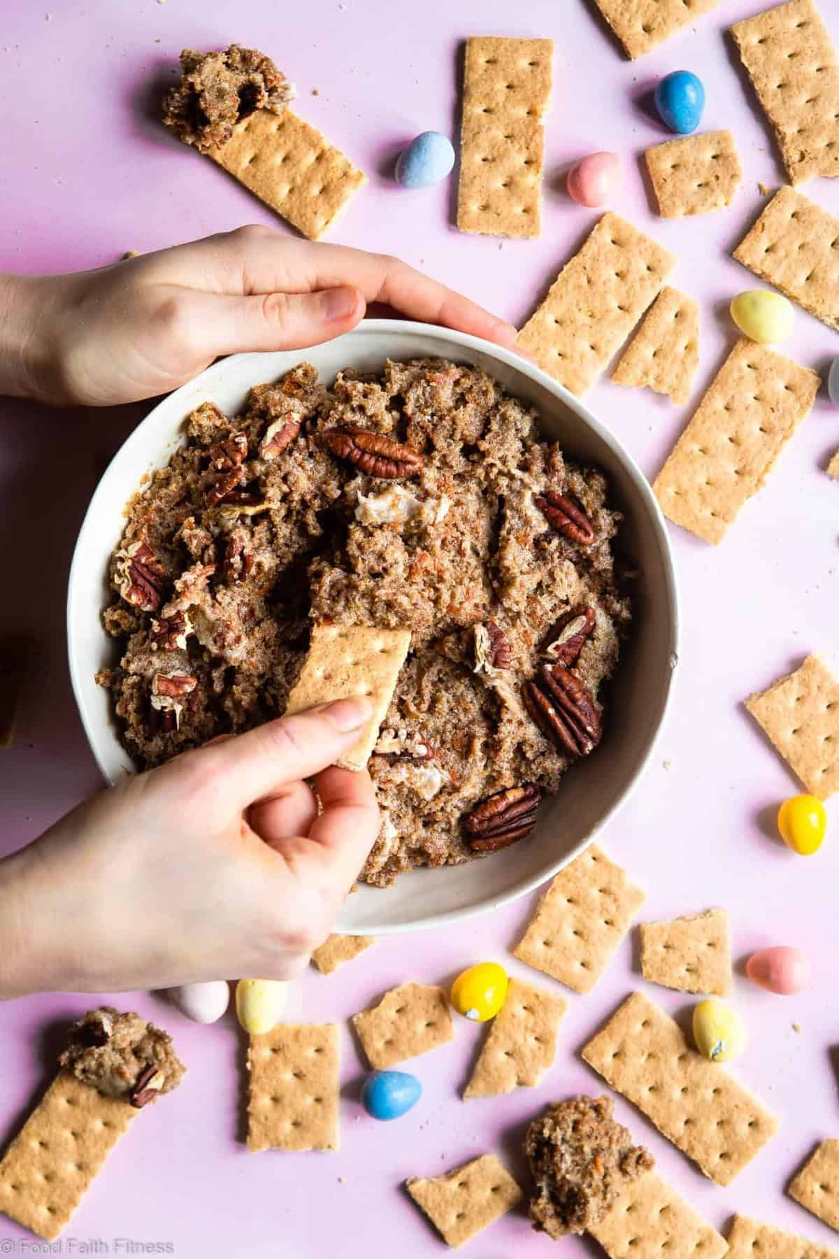 Gluten Free Carrot Cake Dip - This Gluten Free Coconut Flour Carrot Cake Dip is the EASIEST dessert you will ever make and is a huge crowd pleaser! Dairy free option included too! | #Foodfaithfitness | #Glutenfree #Healthy #Dairyfree #Easter #CarrotCake