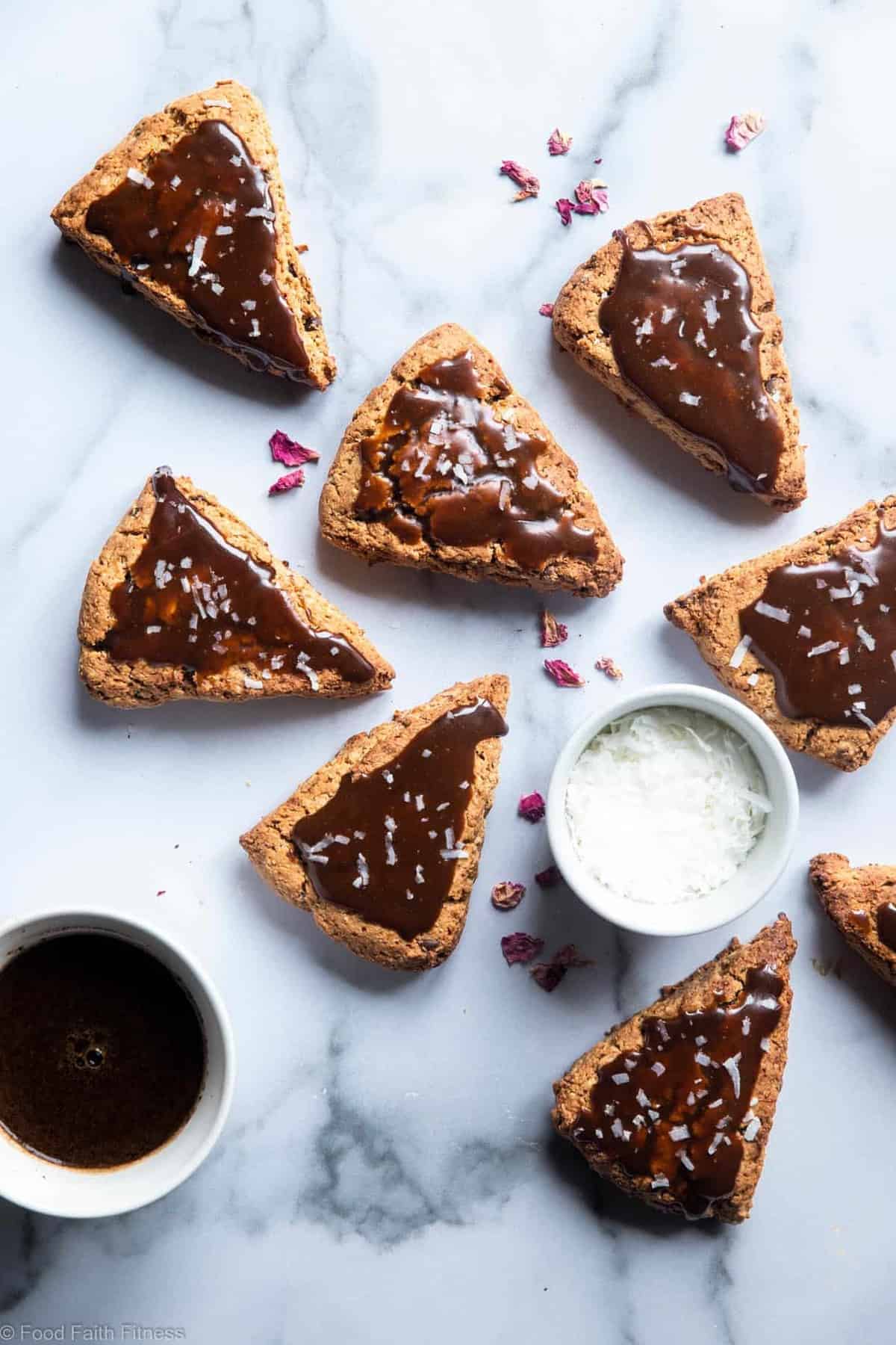 Healthy Gluten Free Samoa Scones with Greek Yogurt - These Healthy Gluten Free Scones are an easy, better for you breakfast that tastes like a scone and a Samoa cookie had a baby! Dairy free option included! | #Foodfaithfitness | 