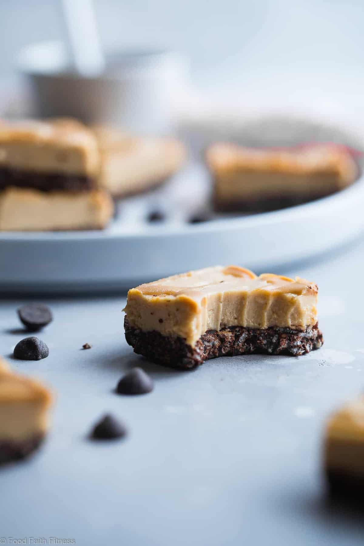 Dairy and Gluten Free No Bake Peanut Butter Cheesecake Bars - A super easy dessert with a yummy, crunchy chocolate rice krispie crust. You'd never know that they are gluten free, dairy free and made with better for you ingredients! | #Foodfaithfitness | #GlutenFree #DairyFree #Healthy #Peanutbutter #NoBake