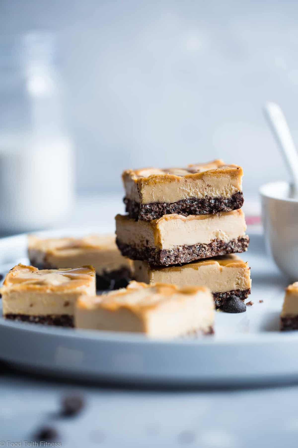 Dairy and Gluten Free No Bake Peanut Butter Cheesecake Bars - A super easy dessert with a yummy, crunchy chocolate rice krispie crust. You'd never know that they are gluten free, dairy free and made with better for you ingredients! | #Foodfaithfitness | #GlutenFree #DairyFree #Healthy #Peanutbutter #NoBake