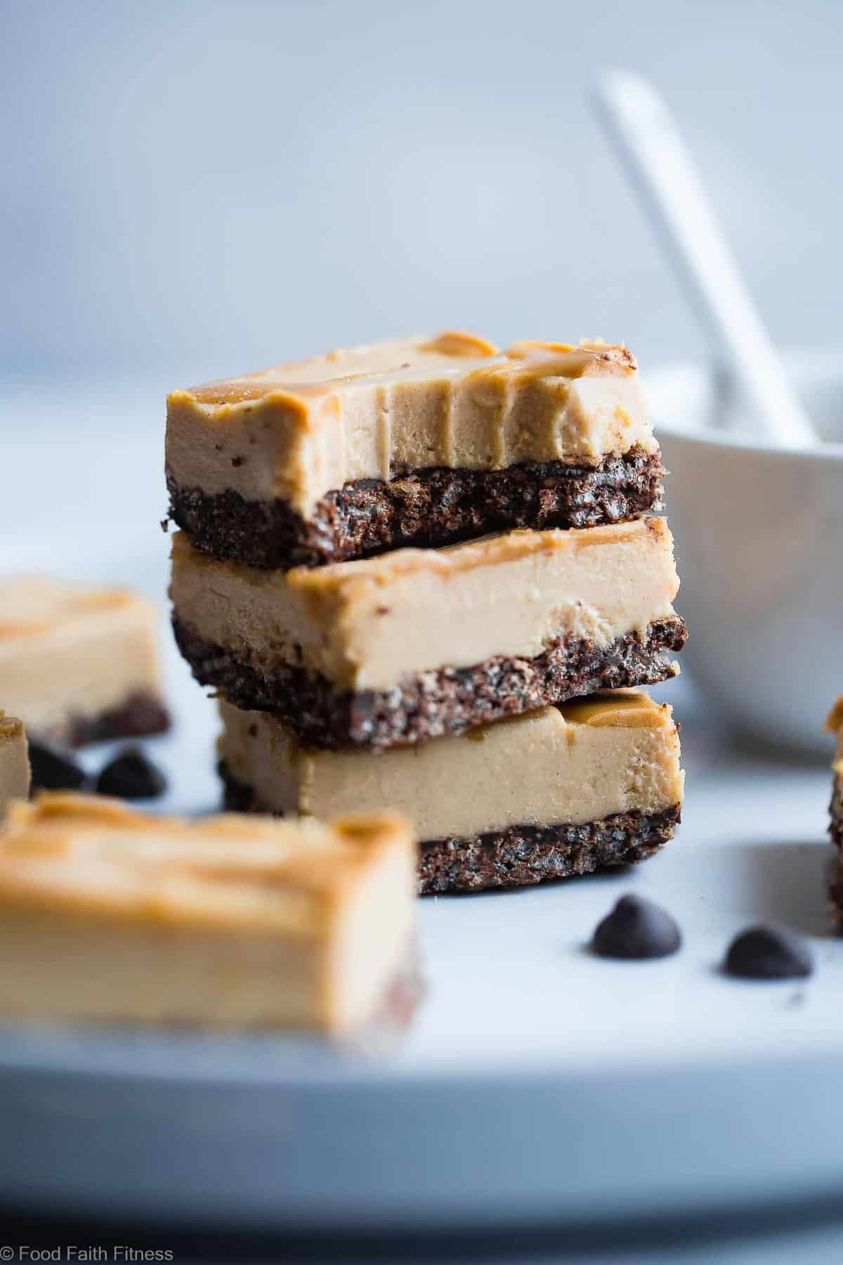 Dairy and Gluten Free No Bake Peanut Butter Cheesecake Bars - A super easy dessert with a yummy, crunchy chocolate rice krispie crust. You'd never know that they are gluten free, dairy free and made with better for you ingredients! | #Foodfaithfitness | #GlutenFree #DairyFree #Healthy #Peanutbutter #NoBake