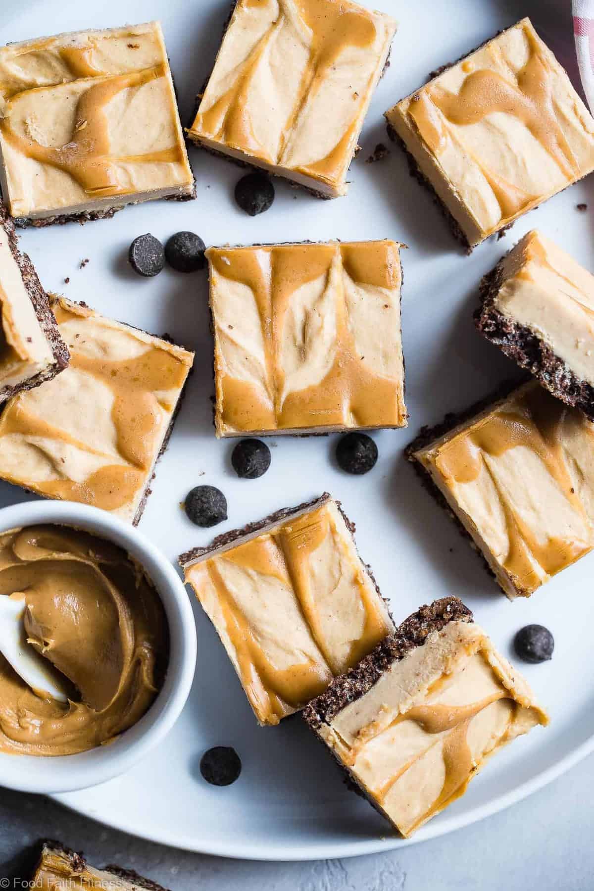 Dairy and Gluten Free No Bake Peanut Butter Cheesecake Bars - A super easy dessert with a yummy, crunchy chocolate rice krispie crust. You'd never know that they are gluten free, dairy free and made with better for you ingredients! | #Foodfaithfitness | #GlutenFree #DairyFree #Healthy #Peanutbutter #NoBake