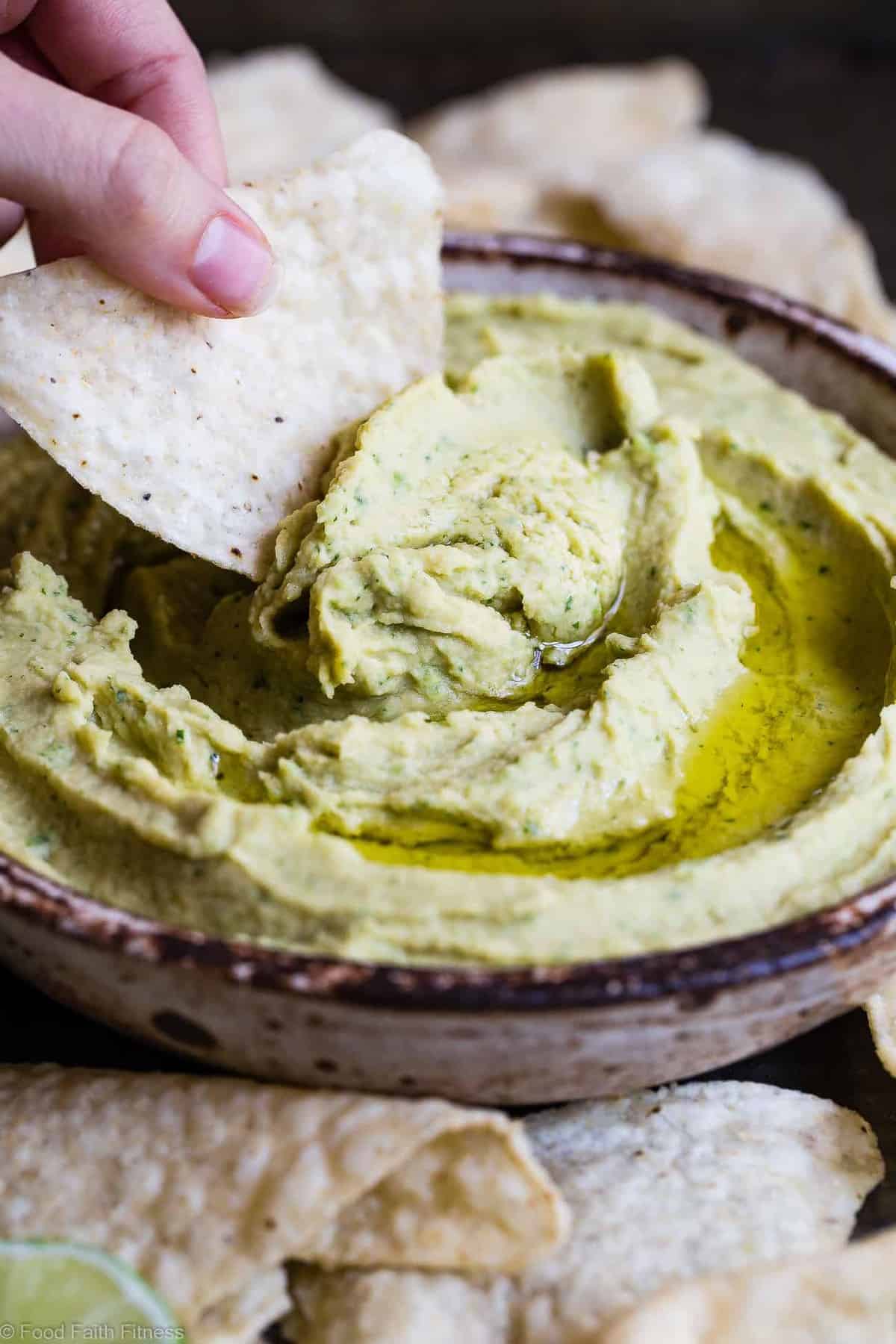 Cilantro Lime Jalapeno Hummus - This spicy, ADDICTING homemade hummus doesn't use tahini! Perfect for snacks, or spreading on a sandwich and gluten free, vegan and 0 Weight Watchers Freestlye Points! | #Foodfaithfitness | #Vegan #Glutenfree #Healthy #Dairyfree #Hummus
