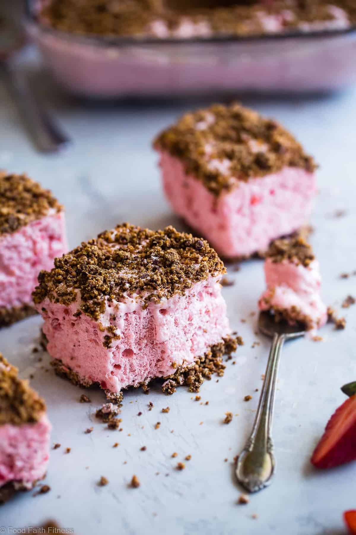 Strawberry Freeze - Need some easy, healthy desserts? A low calorie, quick and easy, gluten free healthy Frozen Strawberry Dessert Recipe with a crunchy, pecan crumble! Always a hit with kids and adults and everyone always wants the recipe! | #Foodfaithfitness | #Glutenfree #Dairyfree #Healthy #Strawberries #Dessert
