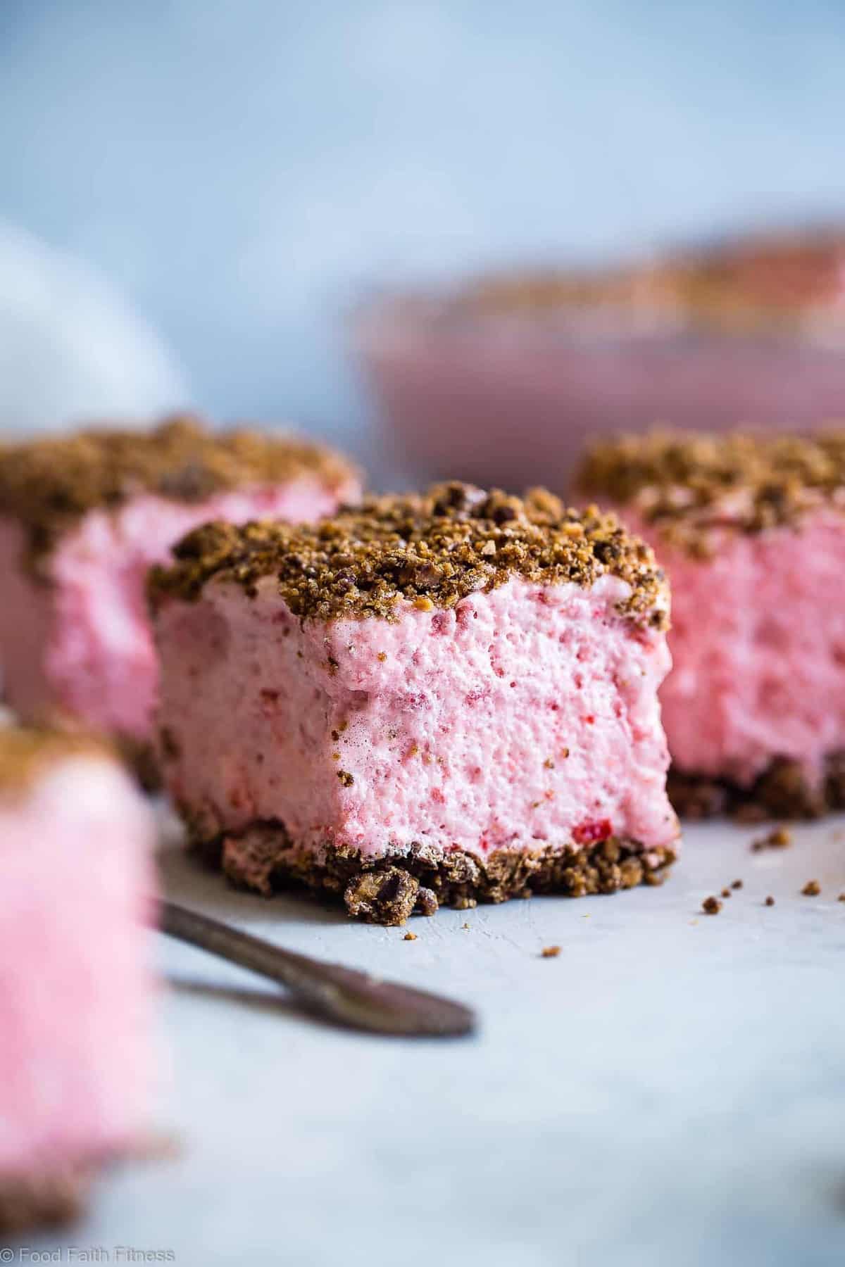 Strawberry Freeze - A low calorie, quick and easy, gluten free healthy Frozen Strawberry Dessert Recipe with a crunchy, pecan crumble! Always a hit with kids and adults and everyone always wants the recipe! | #Foodfaithfitness | #Glutenfree #Dairyfree #Healthy #Strawberries #Dessert