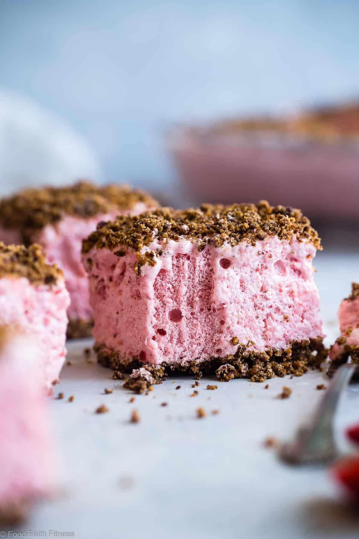 Strawberry Freeze - A low calorie, quick and easy, gluten free healthy Frozen Strawberry Dessert Recipe with a crunchy, pecan crumble! Always a hit with kids and adults and everyone always wants the recipe! | #Foodfaithfitness | #Glutenfree #Dairyfree #Healthy #Strawberries #Dessert