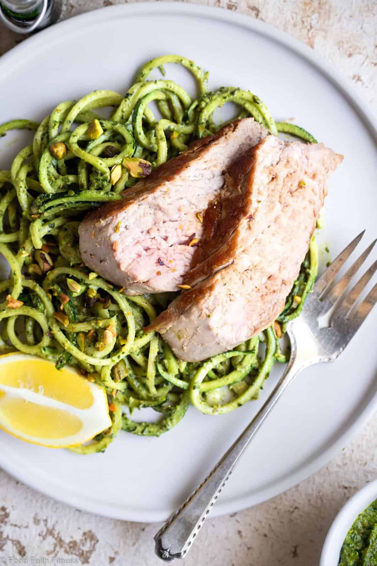 Keto Pork Tenderloin with Pistachio Pesto - This easy, healthy, paleo friendly baked Pork Tenderloin has a delicious, creamy pistachio pesto! A low carb, sugar free weeknight meal that everyone will enjoy! | #Foodfaithfitness | #Glutenfree #Keto #Lowcarb #Paleo #Sugarfree