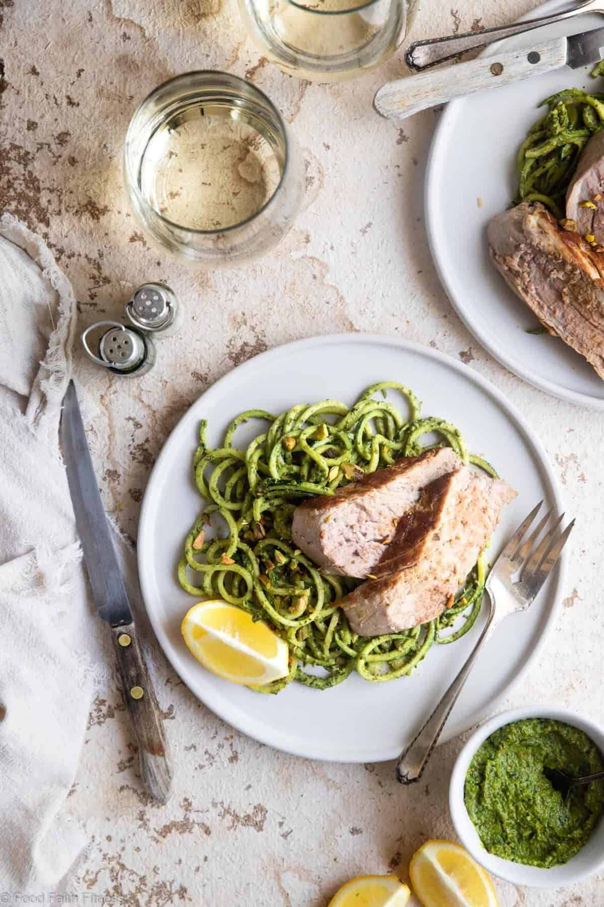 Keto Low Carb Pork Tenderloin with Pistachio Pesto - This easy, healthy, paleo friendly baked Pork Tenderloin has a delicious, creamy pistachio pesto! A low carb, sugar free weeknight meal that everyone will enjoy! | #Foodfaithfitness |