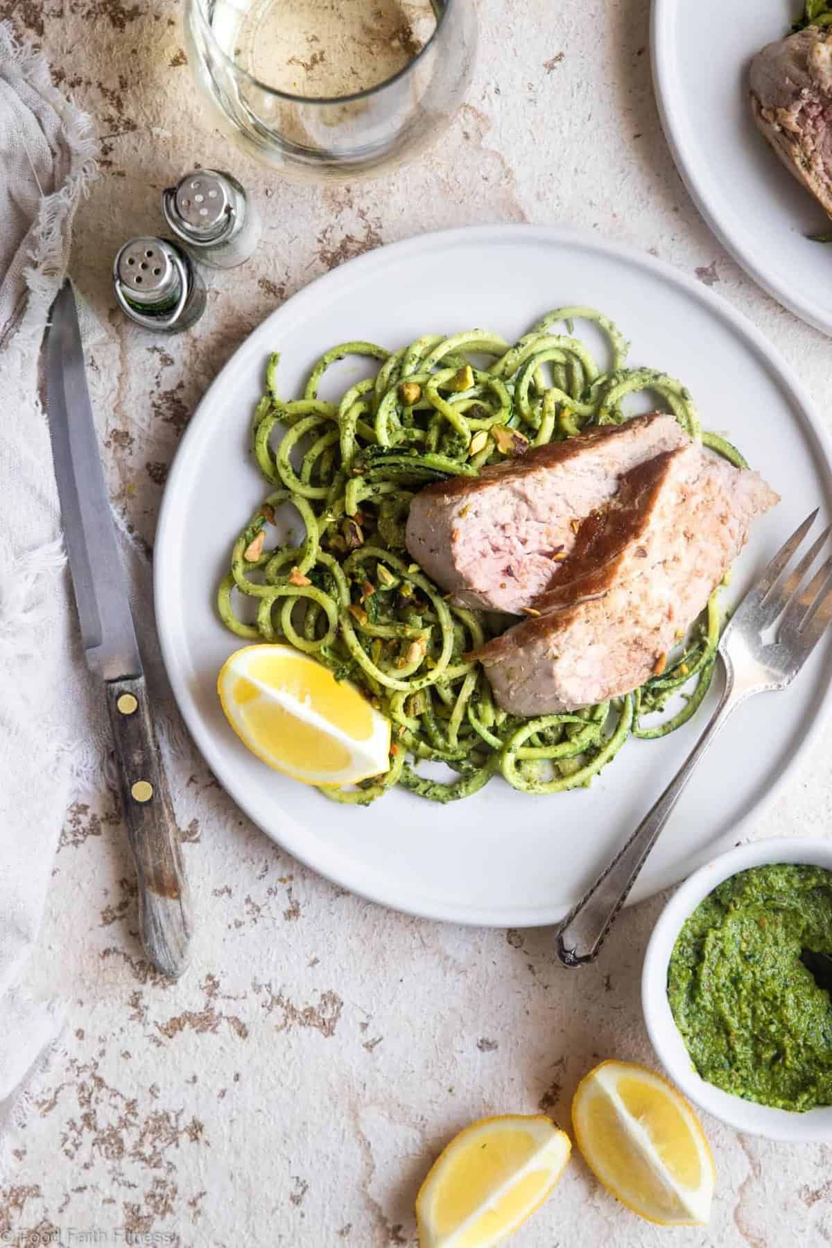 Keto Pork Tenderloin with Pistachio Pesto - This easy, healthy, paleo friendly baked Pork Tenderloin has a delicious, creamy pistachio pesto! A low carb, sugar free weeknight meal that everyone will enjoy! | #Foodfaithfitness | #Glutenfree #Keto #Lowcarb #Paleo #Sugarfree
