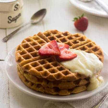 Whole Wheat Strawberries N' Cream Waffles - THE BEST waffles you will EVER eat - Food Faith Fitness | #breakfast #waffles #recipe