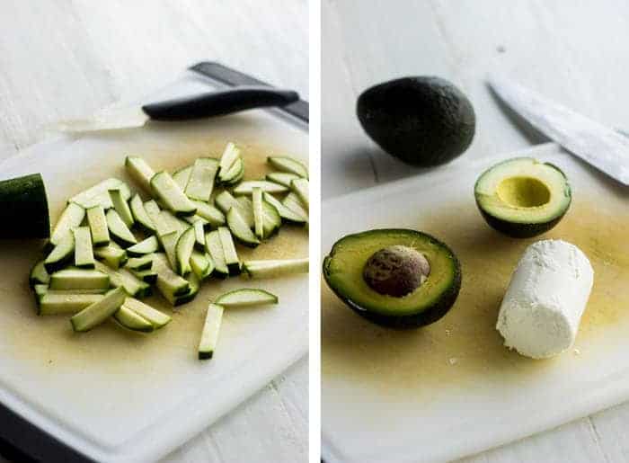 Zucchini and Goat Cheese Stuffed Balsamic Avocados - A quick, easy and healthy snack! - Food Faith Fitness | #healthysnack #avocado #glutenfree
