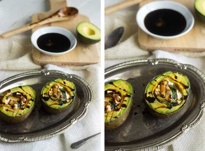 Zucchini and Goat Cheese Stuffed Balsamic Avocados - A quick, easy and healthy snack! - Food Faith Fitness | #healthysnack #avocado #glutenfree