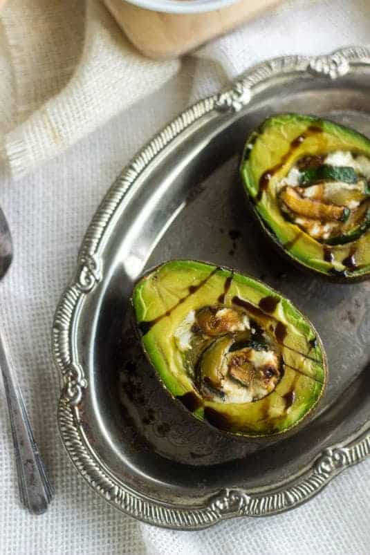 Zucchini and Goat Cheese Stuffed Balsamic Avocados - A quick, easy and healthy snack! - Food Faith Fitness | #healthysnack #avocado #glutenfree