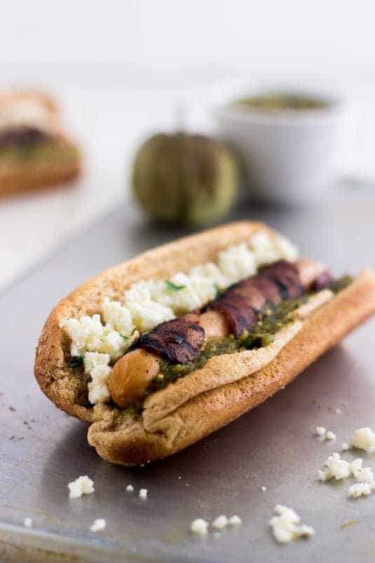 Bacon-Wrapped Hot Dogs With Salsa Verde And Queso Fresco {Whole-Wheat, High Protein, Low-Fat}