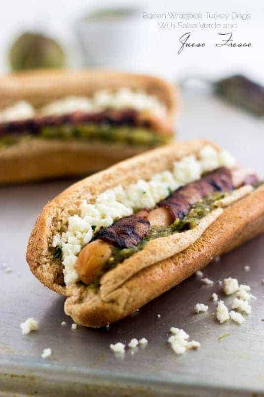 Healthy Bacon Wrapped Hot Dog with Salsa Verde and Queso Fresco | Food Faith Fitness| #July4th #hotdog #recipe
