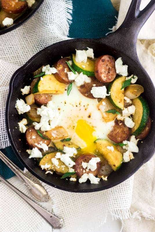 Goat Cheese, Zucchini and Chicken Sausage Hash - Creamy, healthy and SO amazing! | Food Faith Fitness| #glutenfree #hash #recipe