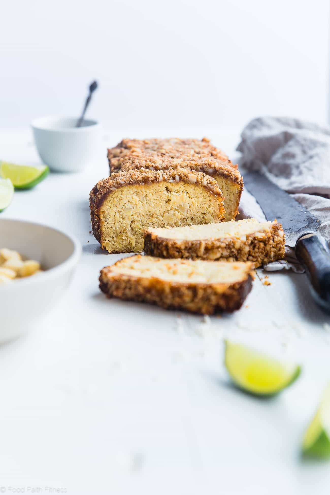Paleo Pineapple Coconut Lime Bread - This healthy, paleo pineapple bread is a gluten, grain and dairy free summer treat! Complete with macadamia streusel, this will be a crowd pleaser! | Foodfaithfitness.com | @FoodFaithFit