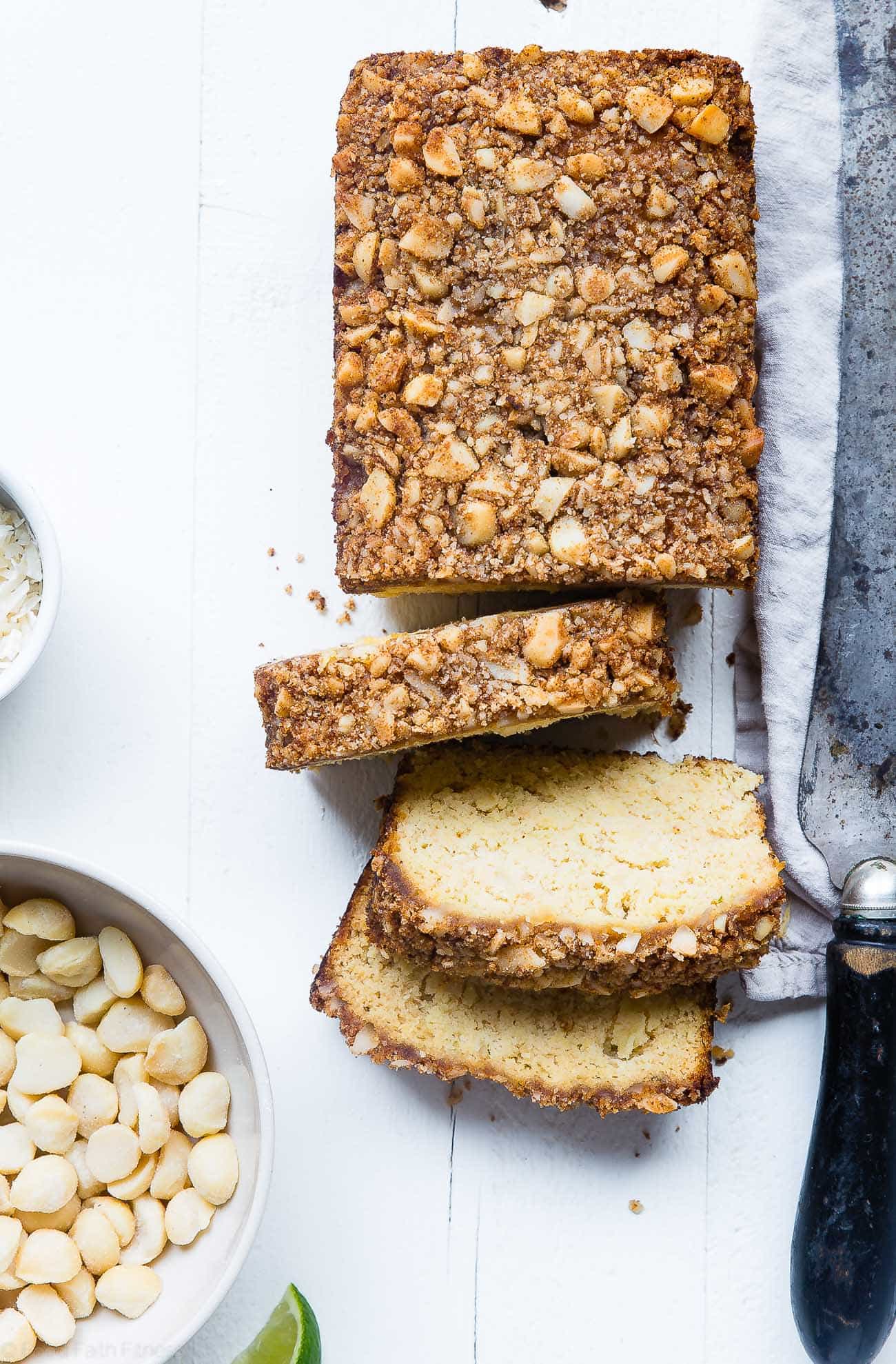 Paleo Pineapple Coconut Lime Bread - This healthy, paleo pineapple bread is a gluten, grain and dairy free summer treat! Complete with macadamia streusel, this will be a crowd pleaser! | Foodfaithfitness.com | @FoodFaithFit