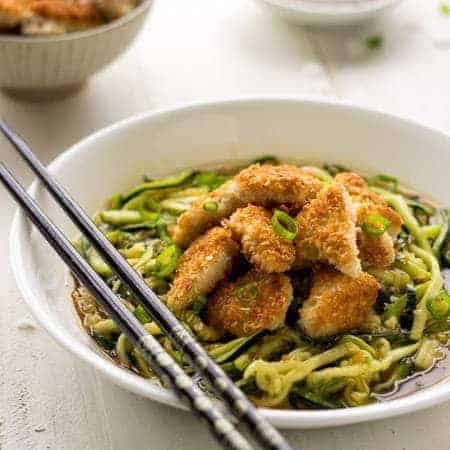 Coconut Honey Garlic Chicken and Zoodles - Crispy, Crunchy and Healthy! | Foodfaithfitness.com | #recipe #chicken #zucchininoodles