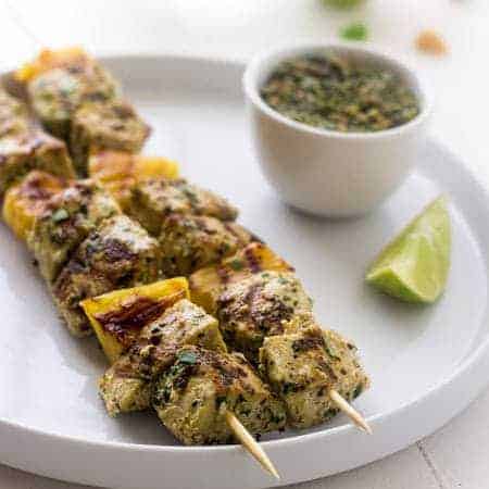 Grilled Mahi Mahi Kebabs with Macadamia Pesto - Pesto made with macadamia nuts! So easy and yummy! | Foodfaithfitness.com |