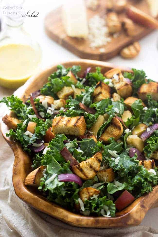 Grilled Kale Panzanella Salad - With THE BEST smokey honey mustard vinaigrette! | Foodfaithfitness.com | #salad #kale #recipe