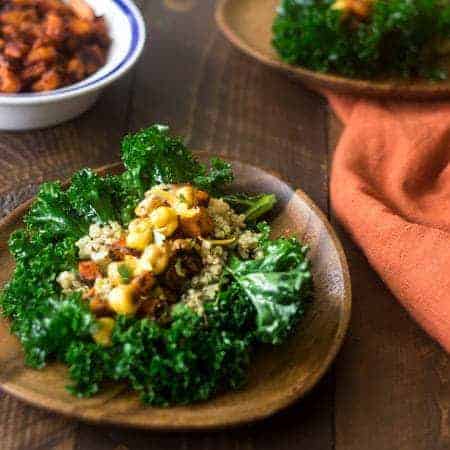 Mexican Quinoa Kale Wraps - Filled with crunchy chickpeas and sweet potatoes, these are perfect for #meatlessmonday | Foodfaithfitness.com | #kale #recipe #vegetarian