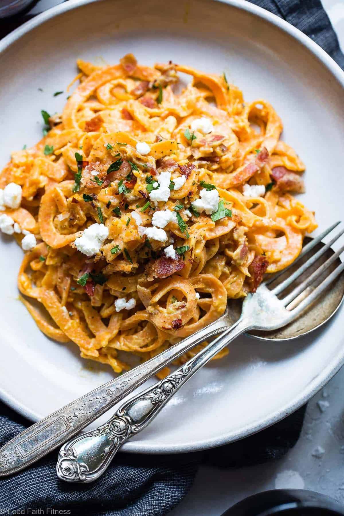 Healthy Sweet Potato Noodle Carbonara -A healthy and gluten free twist on the classic carbonara recipe that uses goat cheese to make it extra creamy! Quick, easy, family friendly and only 4 ingredients! Even picky eaters will LOVE it! | #Foodfaithfitness | #Glutenfree #Healthy #Spiralized #Grainfree #Sweetpotato Healthy Sweet Potato Noodle Carbonara -A healthy and gluten free twist on the classic carbonara recipe that uses goat cheese to make it extra creamy! Quick, easy, family friendly and only 4 ingredients! Even picky eaters will LOVE it! | #Foodfaithfitness | #Glutenfree #Healthy #Spiralized #Grainfree #Sweetpotato